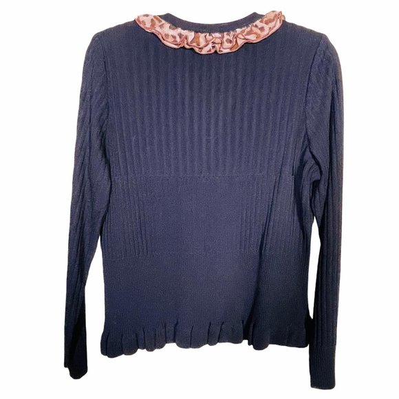 Misook Black Ribbed Cardigan Leopard Ruffle XS - Picture 2 of 5